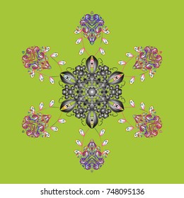 Vector. Christmas pattern with snowflakes abstract background. Green, gray and pink snowflakes. Holiday design for Christmas and New Year fashion prints.