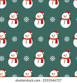Vector Christmas pattern with snowmen and white snowflakes on turquoise background