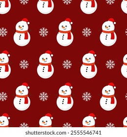 Vector Christmas pattern with snowmen and white snowflakes on a dark red background