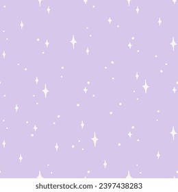 Vector Christmas pattern with sparkles on lilac background. Festive ornament. Simple seamless abstract texture