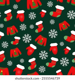 Vector Christmas pattern with Christmas sweater, glove and sock for gifts on green background