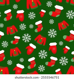 Vector Christmas pattern with Christmas sweater, glove and sock for gifts on green background