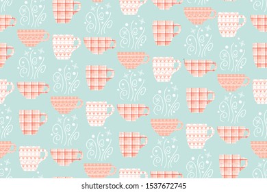 Vector Christmas pattern with teapots and tea cups. Blue and pink pastel colors. Home decor, Stationery, Fabric.