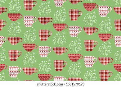Vector Christmas pattern with teapots and tea cups. Red and green pastel colors. Home decor, Stationery, Fabric.