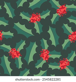 Padrão de Natal vetorial com decoração floral tradicional em tons esmeralda verde e vermelho. Fundo sem costura com ramos de planta azevinho com bagas vermelhas brilhantes