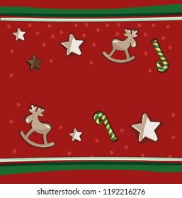 Vector Christmas pattern with Christmas tree decorations on a red background with white and green stripes, christmas ornament with stars, sweets and reindeer. Christmas graphic. 