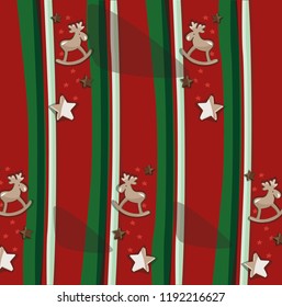 Vector Christmas pattern with Christmas tree decorations on a red background with white and green stripes, christmas ornament with stars and reindeer. Christmas graphic.