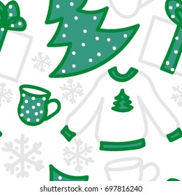 Vector Christmas pattern. Christmas tree, sweater, cups, gift, snowflakes.