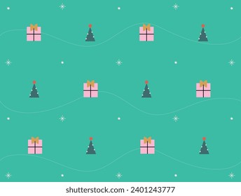 Vector christmas pattern with trees gitfs colorful flat green style