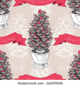 Vector Christmas pattern. Vintage Seamless christmas background.Modern stylish texture. Hand drawn illustration with christmas tree and banner.