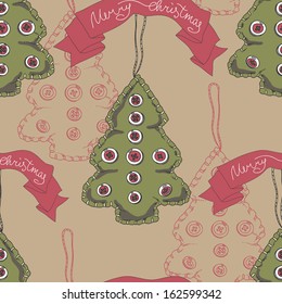 Vector Christmas pattern. Vintage Seamless christmas background.Modern stylish texture. Hand drawn illustration with christmas tree and banner.