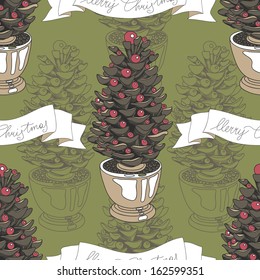 Vector Christmas pattern. Vintage Seamless christmas background.Modern stylish texture. Hand drawn illustration with christmas tree and banner.
