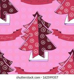 Vector Christmas pattern. Vintage Seamless christmas background.Modern stylish texture. Hand drawn illustration with christmas tree and banner.
