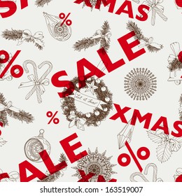 Vector Christmas pattern. Vintage Seamless christmas background.Modern stylish texture.Hand drawn illustration. Sale.