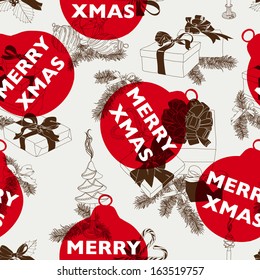 Vector Christmas pattern. Vintage Seamless christmas background.Modern stylish texture.Hand drawn illustration with christmas tree, garland, christmas bells,candles, gifts and candy cane.