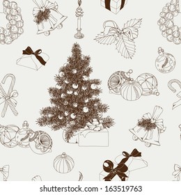 Vector Christmas pattern. Vintage Seamless christmas background.Modern stylish texture.Hand drawn illustration with christmas tree, garland, christmas bells,candles, gifts and candy cane.