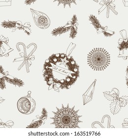 Vector Christmas pattern. Vintage Seamless christmas background.Modern stylish texture.Hand drawn illustration with christmas tree, garland, christmas bells,candles, gifts and candy cane.