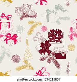 Vector Christmas pattern. Vintage Seamless christmas background.Modern stylish texture.Hand drawn illustration with christmas tree, garland, christmas bells,candles, gifts and candy cane.