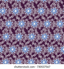 Vector christmas pattern with white and blue snowflakes on purple background
