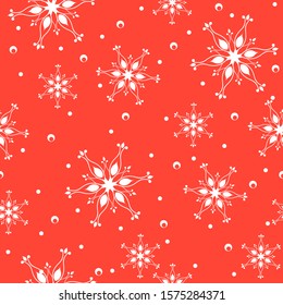 Vector Christmas pattern with white snoflakes on red background. For fabric or wrapping paper.