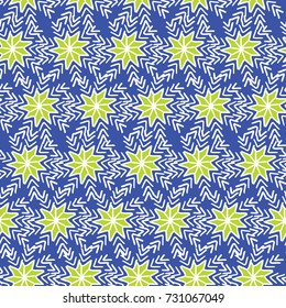 Vector christmas pattern with white and yellow snowflakes on blue background