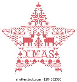 Vector Christmas  pattern Xmas inspired by  festive, winter Nordic culture in cross stitch with hearts, reindeer, decorative ornaments, snowflake, christmas tree, snowflakes, snow  in star shape
