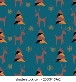 Vector Christmas pattern.Seamless background with Christmas trees,deer, snowflakes.It is used for wrapping paper,in the production of fabrics,wrappers, wallpaper.