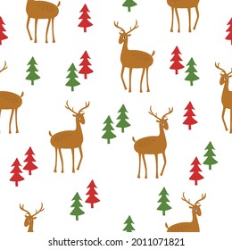 Vektor-Weihnachtsmuster.Nahtlose Illustration mit Weihnachtsbäumen und Hirsch auf weißem Hintergrund.Geeignet für Wickelpapier, Textilien, Tapeten, Wrapper, etc.