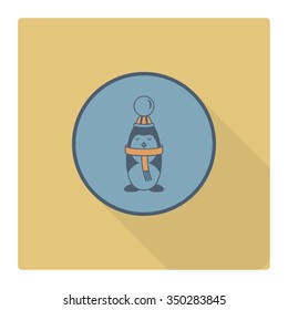 Vector Christmas Penguin. Long Shadow. Retro Color. Single Flat Icon