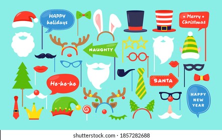 Vector Christmas photo booth props. Photobooth vector set for Christmas and New year party, masquerade, scrapbooking. Event accessories with caps,mustache, speech bubbles, deer, masks, elf, glasses 