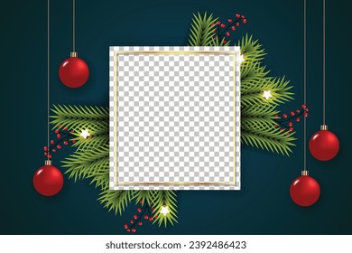 Vector christmas photo frame christmas frame bundle with pine branch christmas ball and star