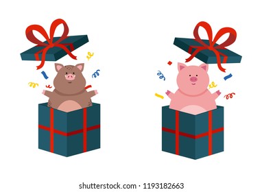 vector Christmas picture boar pig in the gift