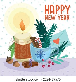 imagen de navidad vectorial. Composición con una vela y una taza, canela, bayas, hogar acogedor de invierno. Feliz diseño de año nuevo para felicitaciones, postales, afiches