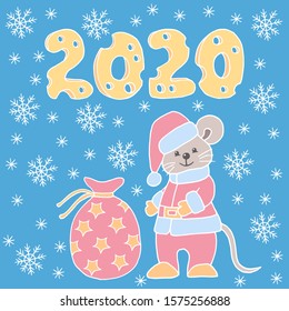 Vector Christmas picture with hand-drawn mouse in Santa suit and hat with a bag of gifts and 2020 year of yellow cheese with holes on a blue winter background with snowflakes, for the design of greeti