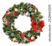 Vector Christmas Pine Fluffy Wreath with Silk Red Bow isolated on white background