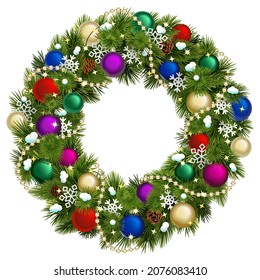 Vector Christmas Pine Fluffy Wreath with Colourful Baubles isolated on white background