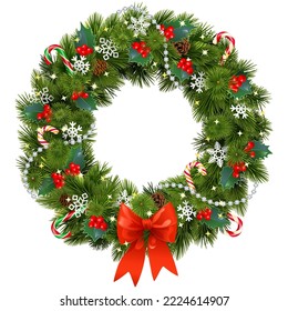 Vector Christmas Pine Fluffy Wreath with Red Berry isolated on white background