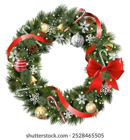 Vector Christmas Pine Fluffy Wreath with Silk Red Bow isolated on white background