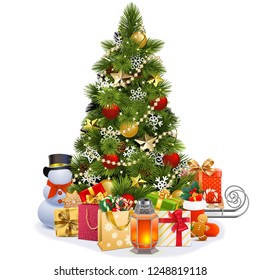 Vector Christmas Pine Tree with Garland isolated on white background