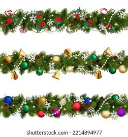 Vector Christmas Pine Triple Border isolated on white background