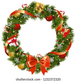 Vector Christmas Pine Wreath with Red Bow isolated on white background