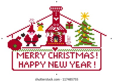 Vector Christmas pixel art scene with Christmas decoration. 