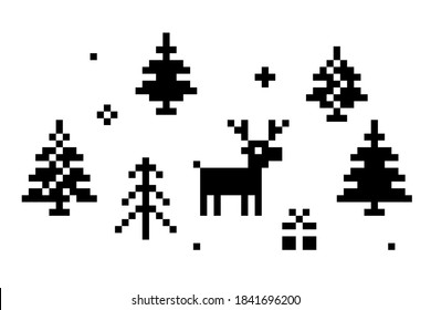 Vector christmas pixel deer, tree, gift and snowflakes.