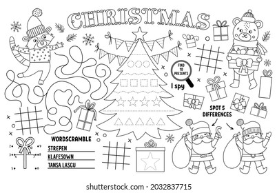 Vector Christmas placemat for kids. Winter holiday printable activity mat with maze, tic tac toe charts, connect the dots, find difference. Black and white New Year play mat or coloring page