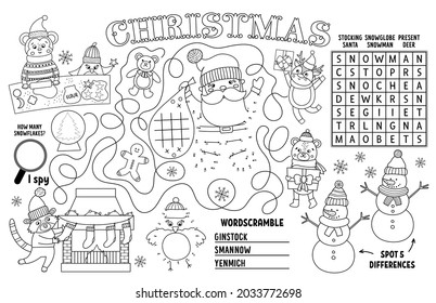 Vector Christmas Placemat For Kids. Winter Holiday Printable Activity Mat With Maze, Tic Tac Toe Charts, Connect The Dots, Find Difference. Black And White New Year Play Mat Or Coloring Page