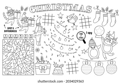 Vector Christmas placemat for kids. Winter holiday printable activity mat with maze, tic tac toe charts, connect the dots, find difference. Black and white New Year play mat or coloring page