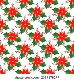 Vector Christmas poinsettia winter seamless pattern with floral mistletoe, branches of rowan tree with berries.