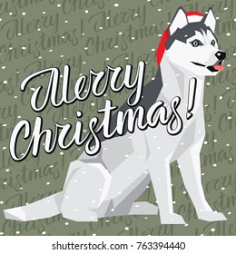 Vector Christmas polygon dog collection. Dog in Christmas Santa hat. Siberian Husky