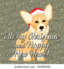 Vector Christmas polygon dog collection. Dog in Christmas Santa hat. Welsh Corgi