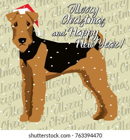 Vector Christmas polygon dog collection. Dog in Christmas Santa hat. Airedale Terrier